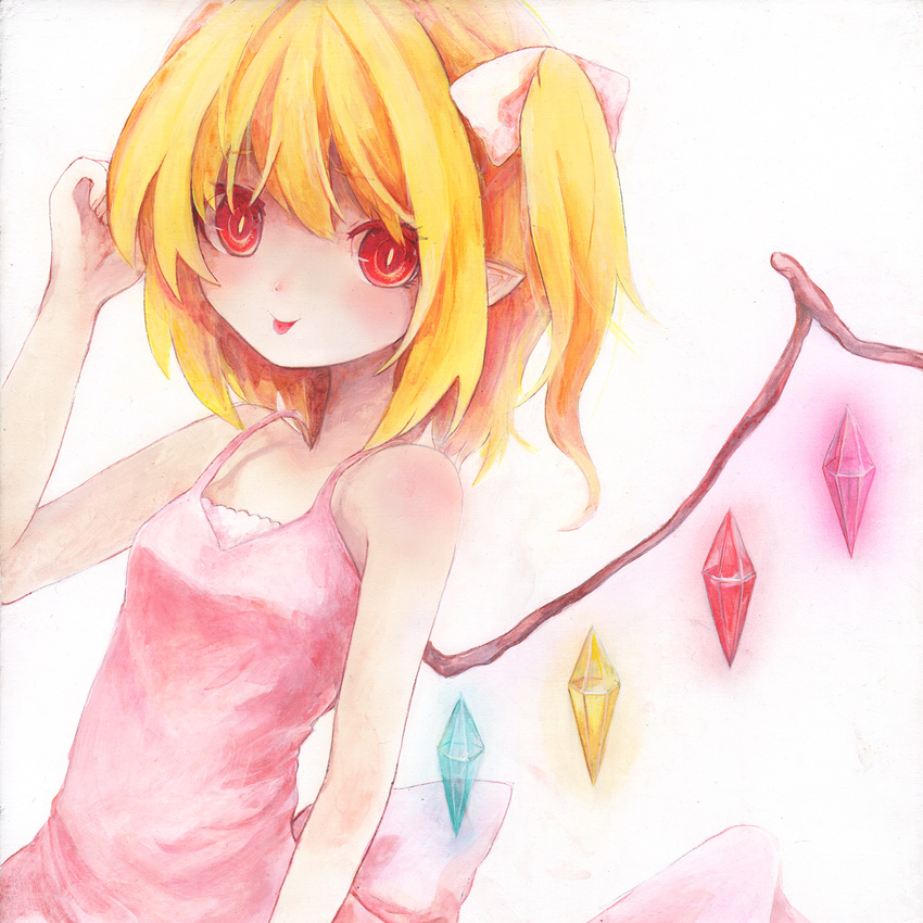 acrylic_paint_(medium) alternate_costume bad_id bad_pixiv_id bare_shoulders blonde_hair flandre_scarlet hat highres isegawa_yasutaka pointy_ears red_eyes side_ponytail solo tongue tongue_out touhou traditional_media
