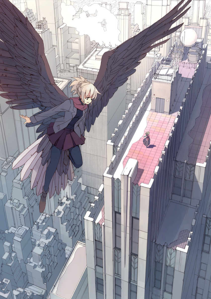 bird_tail black_legwear blonde_hair brown_eyes building cindy_o'brien cityscape dress flying from_above highres jacket landmark legs_folded looking_at_another multiple_girls new_york original pantyhose real_world_location rockefeller_center rooftop scarf scenery seo_tatsuya shoes skirt smoke standing tied_hair wings