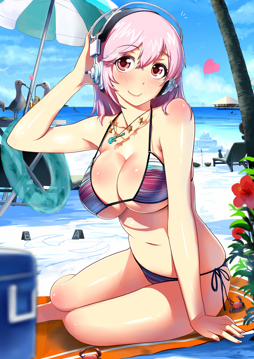 arm_support bare_shoulders beach beach_umbrella bikini bird blush body_blush breasts cat chair chalk_outline cleavage crab day drink drinking_straw food fruit headphones heart highres innertube jewelry large_breasts looking_at_viewer lounge_chair navel necklace nitroplus outdoors pier pink_eyes pink_hair seagull shiny shiny_skin side-tie_bikini sitting skindentation sky smile solo strap_gap striped striped_bikini super_sonico swimsuit towel tropical_drink twinpoo umbrella underboob water watermelon yokozuwari