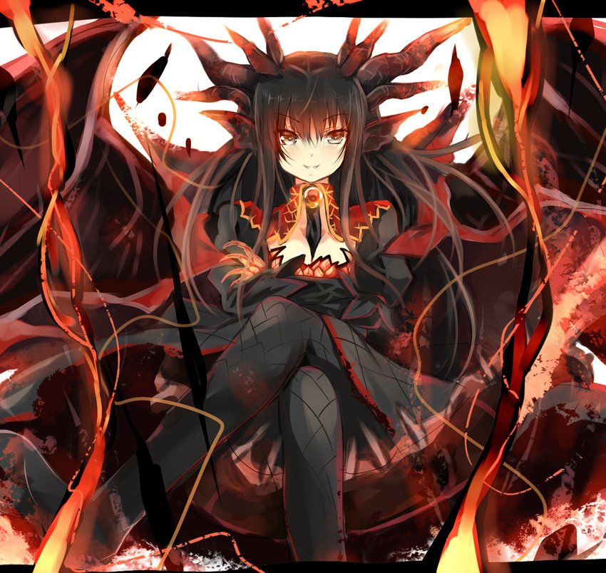 animal_ears bad_id bad_pixiv_id black_hair crossed_arms crossed_legs dragon dragon_ears dragon_girl fatalis grin highres horns long_hair monster_girl monster_hunter personification sitting smile solo umitsuki