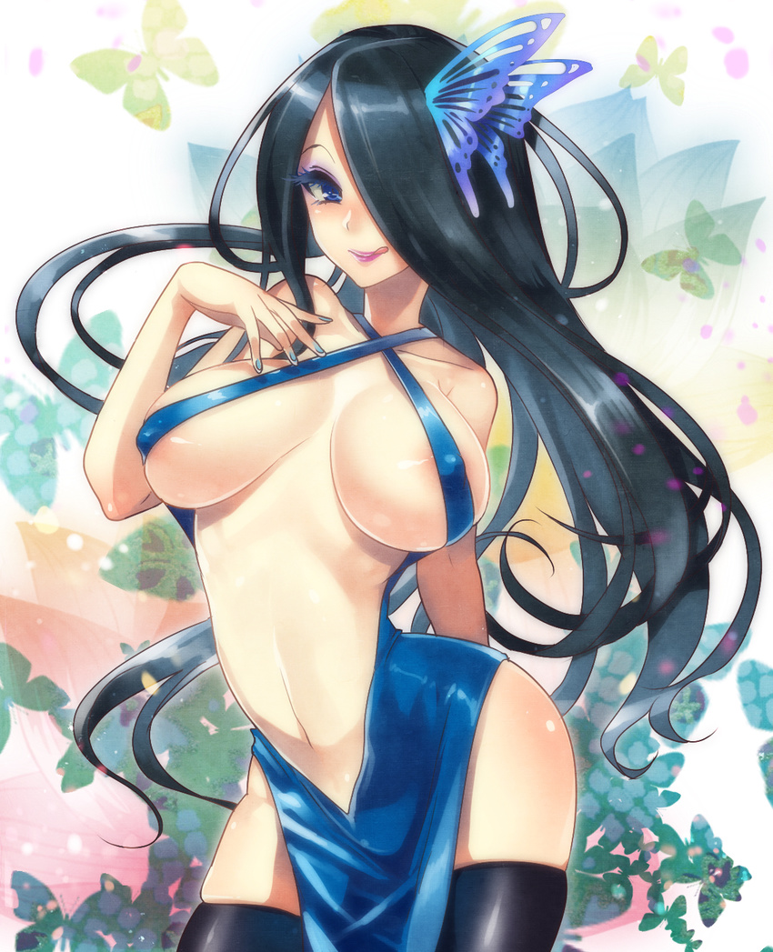 :q areola_slip areolae black_hair black_legwear blue_eyes breasts bug butterfly butterfly_hair_ornament covered_nipples criss-cross_halter hair_ornament hair_over_one_eye halter_top halterneck hebino_rai highres insect large_breasts legs long_hair nail_polish navel nouhime original side_slit slender_waist smile solo thighhighs thighs tongue tongue_out