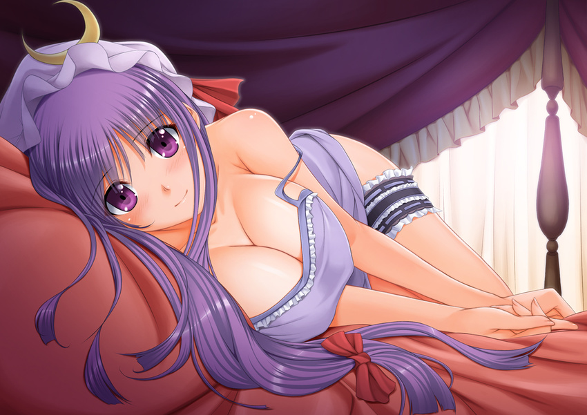 afterglow alternate_costume bad_id bad_pixiv_id bed blush bow breasts canopy_bed chiro cleavage crescent hair_bow hat large_breasts leg_garter long_hair looking_at_viewer lying on_bed on_side patchouli_knowledge pillow purple_eyes purple_hair smile solo strap_slip touhou