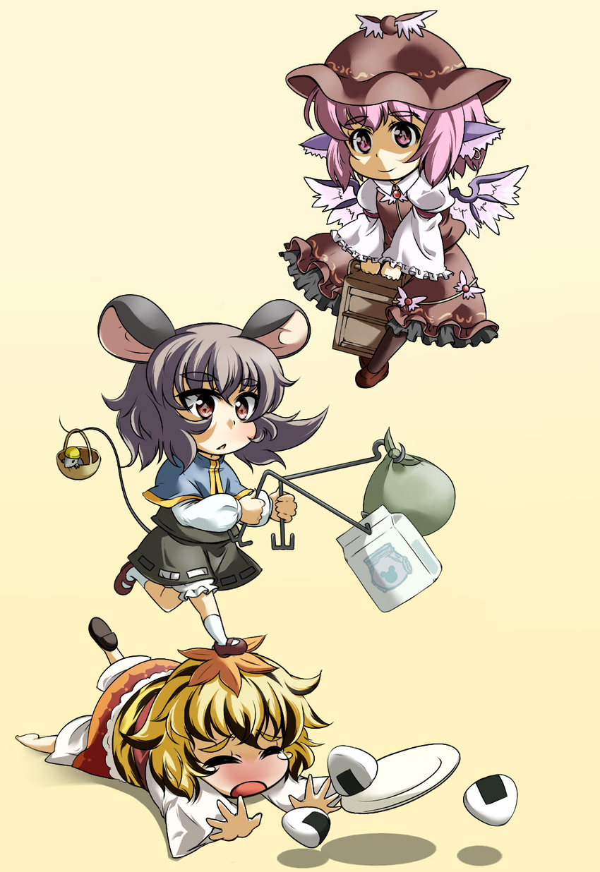 animal_ears black_hair blonde_hair bloomers capelet chibi closed_eyes earrings food hat highres jewelry mary_janes mepikari mouse_ears mouse_tail multicolored_hair multiple_girls musical_note mystia_lorelei nazrin onigiri plate running sack shoes skirt socks standing_on_person symbol-shaped_pupils tail tears toramaru_shou touhou two-tone_hair underwear white_legwear wince wings