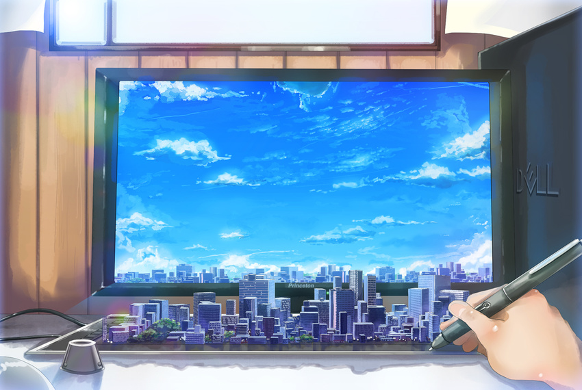 bad_pixiv_id city cityscape computer dell hands holding_stylus monitor original product_placement ryouma_(galley) scenery sky tablet