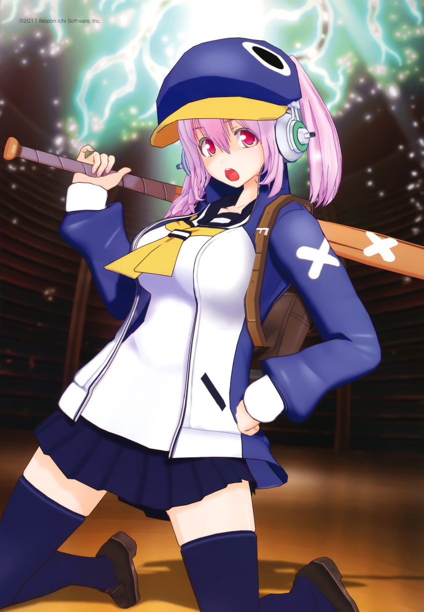 absurdres bag baseball_bat blue_hat breasts cosplay disgaea hat headphones highres jacket kazamatsuri_fuuka kazamatsuri_fuuka_(cosplay) makai_senki_disgaea_4 medium_breasts nitroplus official_art pink_eyes pink_hair prinny school_bag school_uniform shoes skirt super_sonico thighhighs tsuji_santa