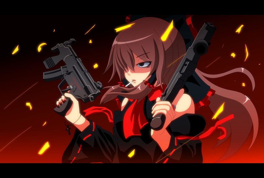 alternate_color anime_coloring armpits ascot bad_id bad_pixiv_id black_dress black_sleeves bow bracelet brown_eyes brown_hair cigarette cross detached_sleeves dress dual_wielding empty_eyes gun h&amp;k_mp5k hair_bow hair_tubes hakurei_reimu heckler_&amp;_koch holding jewelry letterboxed long_hair one-eyed ring shaded_face solo submachine_gun tomon_(slash0410) touhou weapon