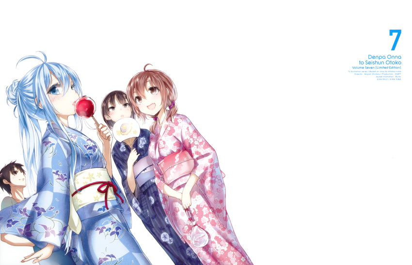 3girls absurdres ahoge antenna_hair bag bagged_fish black_hair blue_eyes blue_hair blue_kimono brown_eyes brown_hair buriki candy_apple checkered checkered_kimono cowboy_shot denpa_onna_to_seishun_otoko dutch_angle fan fang fish floral_print food goldfish highres huge_filesize japanese_clothes kimono long_hair maekawa mifune_ryuuko multiple_girls niwa_makoto obi official_art open_mouth paper_fan pink_kimono ponytail print_kimono red_ribbon ribbon sash short_hair short_twintails simple_background skirt smile standing sweets tassel touwa_erio twintails uchiwa white_background yukata