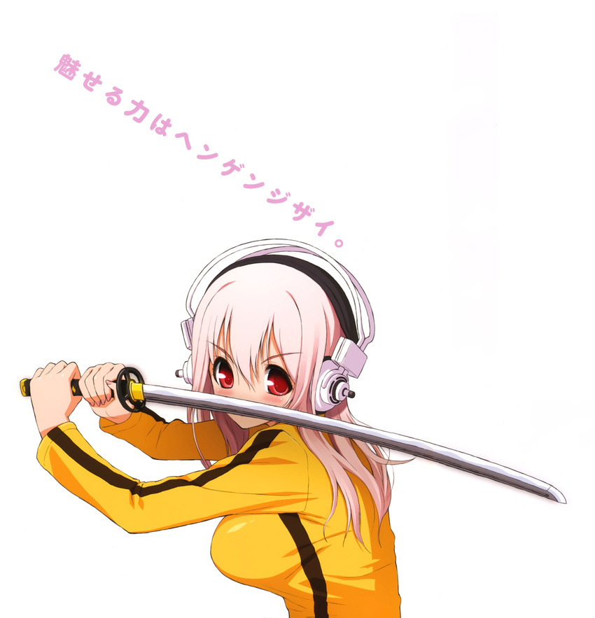 absurdres blush breasts bruce_lee's_jumpsuit cosplay headphones highres katana kill_bill large_breasts long_hair looking_at_viewer nail_polish nitroplus parody pink_eyes pink_hair red_eyes simple_background smile solo super_sonico sword translation_request tsuji_santa upper_body weapon white_background