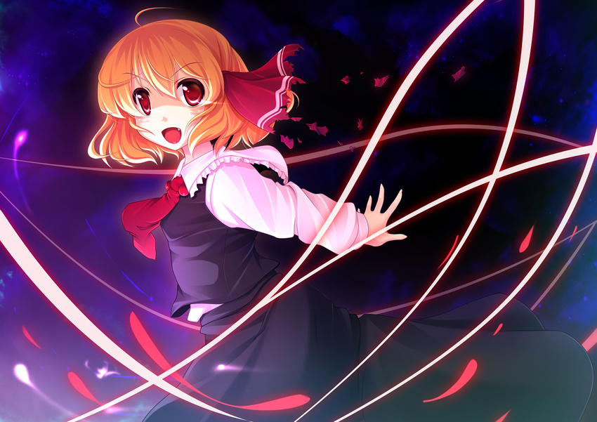 ahoge aosuke_(ayakawa_akito) arms_behind_back blonde_hair dress_shirt fang hair_ribbon light_particles light_trail long_sleeves looking_at_viewer necktie night open_hand open_mouth orange_hair outstretched_arms red_eyes ribbon rumia shirt short_hair skirt sky solo star_(sky) starry_sky tongue touhou vest