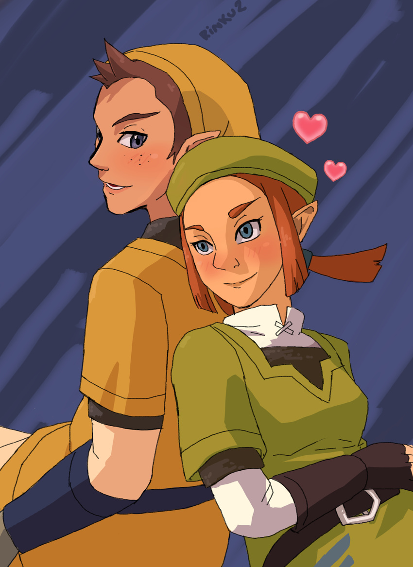 1girl back-to-back bad_id bad_pixiv_id belt beret blanko! blue_eyes brown_hair couple freckles gloves hat heart hetero highres karane pipit pointy_ears red_hair short_twintails smile the_legend_of_zelda the_legend_of_zelda:_skyward_sword twintails