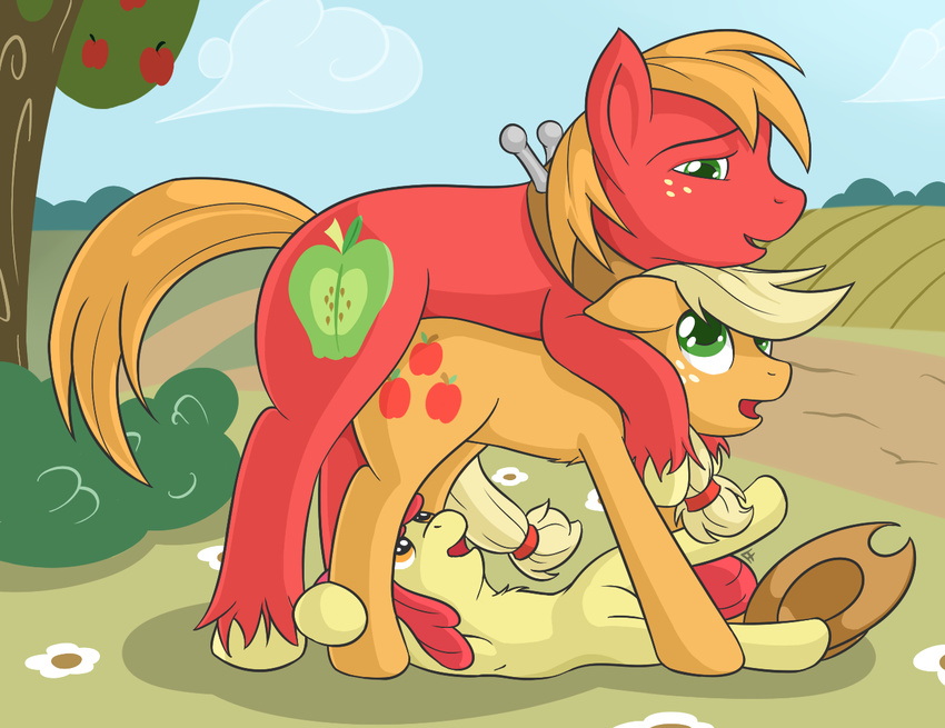 all_fours apple apple_bloom_(mlp) applebloom_(mlp) applejack_(mlp) big_macintosh_(mlp) blonde_hair brother brother_and_sister cowboy_hat cub cutie_mark doggystyle equine fearingfun female feral freckles friendship_is_magic from_behind fruit fur green_eyes group group_sex hair hat horse incest long_hair lying male mammal my_little_pony on_back orange_fur orange_hair outside penetration pony red_fur red_hair sex short_hair sibling sister sisters straight threesome watching yellow_fur yoke young