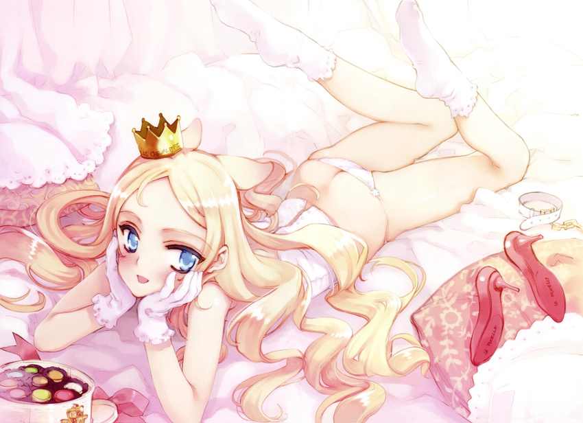 absurdres animal_ears ass blonde_hair blue_eyes butt_crack crown french gloves high_heels highres ingrid_(seiken_no_faeries) legs long_hair long_legs lying on_stomach ooyari_ashito panties seiken_no_faeries shoes socks solo thighs underwear white_legwear