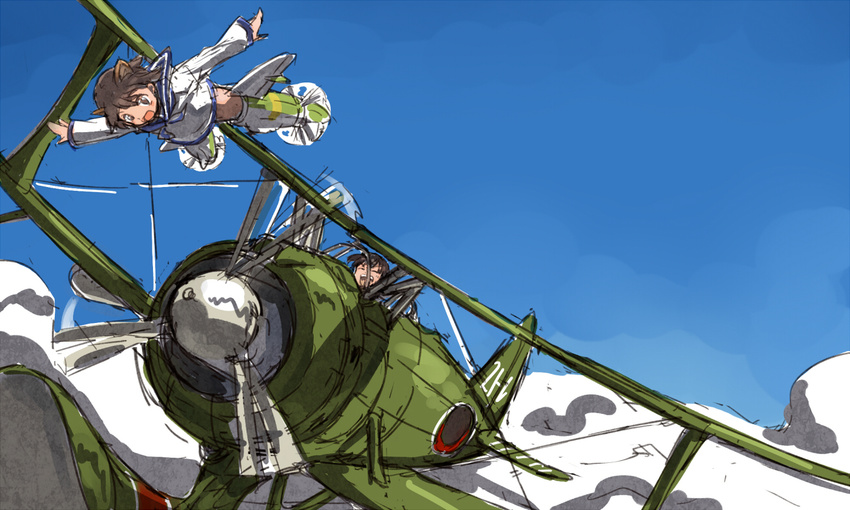 aircraft airplane animal_ears bad_id bad_pixiv_id biplane black_hair blush brown_eyes brown_hair closed_eyes cloud day eyepatch f1m flying long_hair military military_uniform miyafuji_yoshika multiple_girls neckerchief no_pants open_mouth pontoon sakamoto_mio school_uniform serafuku shibasaki_shouji short_hair smile strike_witches striker_unit uniform world_witches_series