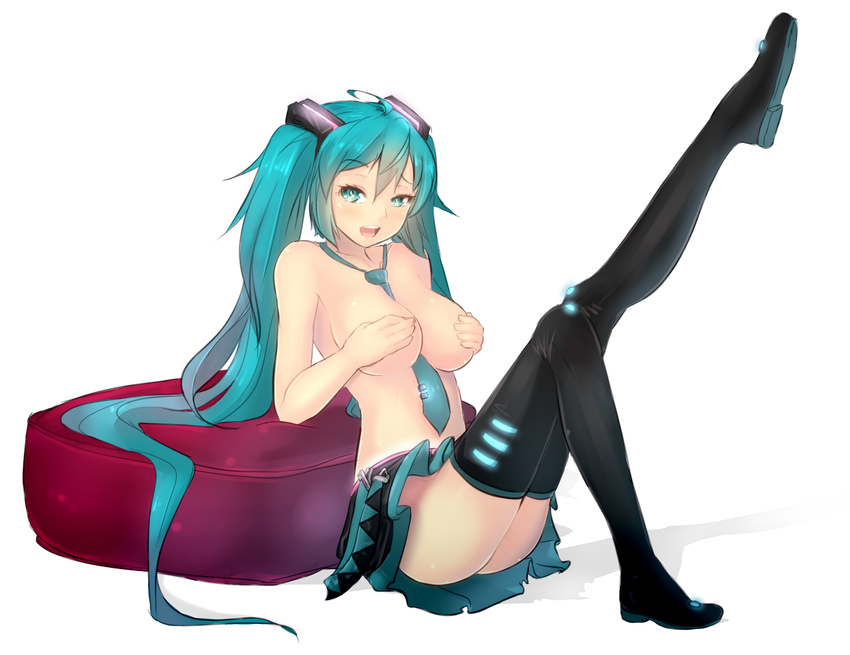 aqua_eyes aqua_hair bad_id bad_pixiv_id between_breasts boots breasts covering covering_breasts hatsune_miku leg_lift leg_up long_hair magister_(medical_whiskey) necktie open_mouth sitting skirt solo thigh_boots thighhighs toe-point topless twintails very_long_hair vocaloid