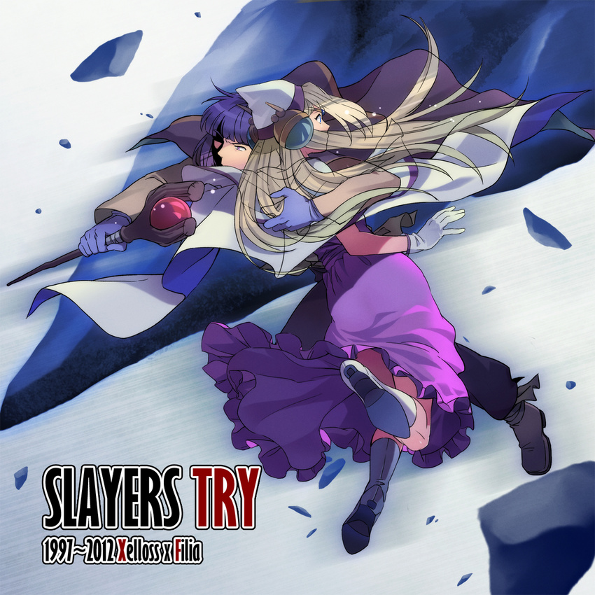 1girl blonde_hair blue_eyes boots cape character_name copyright_name dress filia_ul_copt gloves hat highres long_hair lyxu open_eyes pink_dress purple_eyes purple_hair see-through slayers slayers_try staff surprised xelloss