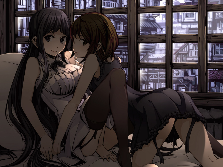 all_fours bare_shoulders bed black_eyes black_hair black_legwear black_vs_white breasts brown_eyes brown_hair building garter_straps holding_hands jewelry key large_breasts long_hair looking_at_viewer lying mouth_hold multiple_girls necklace no_shoes on_back on_bed original pillow short_hair smile thighhighs torigoe_takumi very_long_hair window yuri