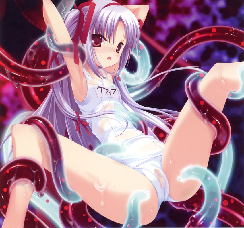 1girl armpits arms_up bandaid bandaid_on_pussy hagiwara_onsen highres long_hair momono_shiori name_tag one-piece_swimsuit purple_hair red_eyes restrained ribbon school_swimsuit see-through smile spread_legs swimsuit tentacles twintails very_long_hair wet wet_clothes white_school_swimsuit white_swimsuit