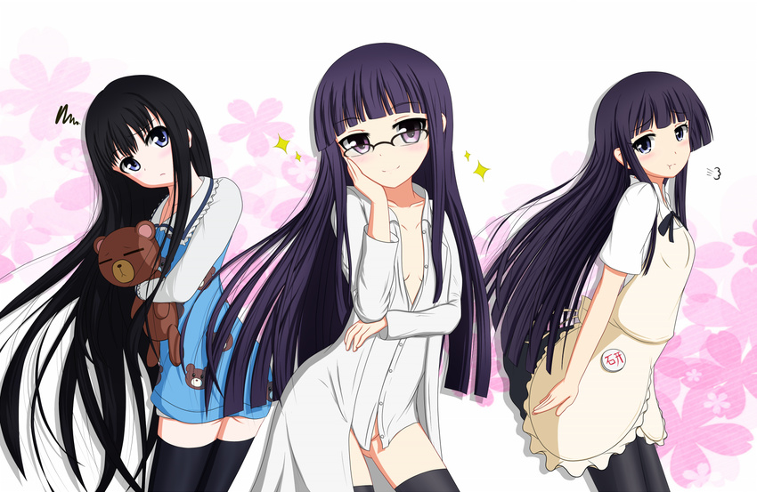 apron black_hair blue_eyes crossover daisy_(working!!) dress_shirt glasses inu_x_boku_ss kami-sama_no_memo-chou long_hair look-alike multiple_girls no_panties pantyhose purple_hair shionji_yuuko shirakiin_ririchiyo shirt stuffed_animal stuffed_toy teddy_bear thighhighs tom-ani working!! yamada_aoi