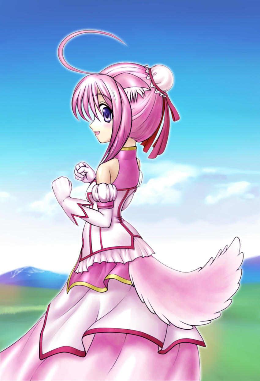 ahoge animal_ears bare_shoulders dog_days dog_ears dog_tail gloves highres millhiore_f_biscotti open_mouth pink_hair purple_eyes short_hair solo tail