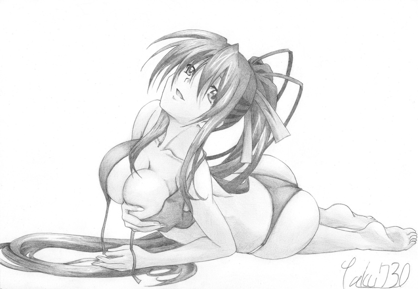 ass bikini breasts cleavage covering covering_breasts front-tie_top greyscale high_school_dxd highres himejima_akeno large_breasts long_hair looking_at_viewer lying monochrome on_stomach open_mouth ponytail solo swimsuit taku730 untied