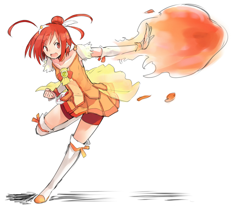 ahoge bike_shorts choker cure_sunny fire fireball hino_akane_(smile_precure!) magical_girl orange_(color) orange_choker orange_skirt precure red_eyes red_hair red_shorts shiba_yuusuke short_hair shorts shorts_under_skirt skirt smile_precure! solo thighhighs tiara white_background white_legwear