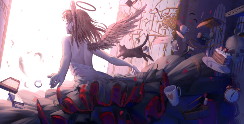 1girl alarm_clock animal bad_id bad_pixiv_id bag bangs bare_shoulders black_cat black_skirt brown_hair brown_wings cameltoe cat cellphone clock commentary_request cup envelope eyes_closed feathered_wings feathers fork halo handbag heart highres jewelry ji_dao_ji layered_skirt mug original pencil pencil_case phone plate pleated_skirt ring saucer shirt skirt skull solo sunlight teacup white_shirt wings
