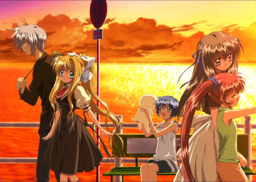 air kamio_misuzu key kirishima_kano kunisaki_yukito michiru potato ribbons sky sunset tohno_minagi