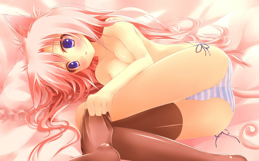 animal_ears ass bed bed_sheet black_legwear blue_eyes blush breasts cat_ears cat_tail cleavage highres jebura lying no_bra on_side open_mouth original panties pillow pink_hair side-tie_panties small_breasts solo striped striped_panties tail thighhighs topless underwear