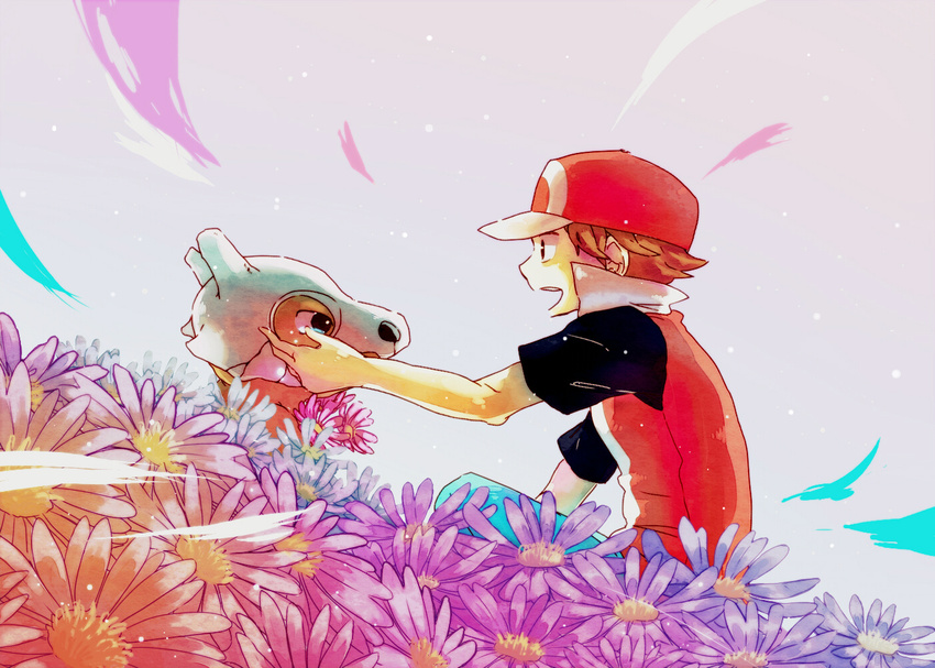 cap cubone flower hat pokemon red_(pokemon) red_(pokemon)_(remake) skyloop19 smile