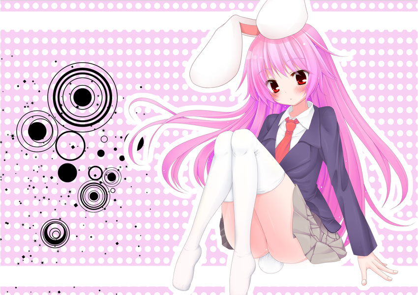 animal_ears bunny_ears long_hair necktie pink_hair red_eyes red_neckwear reisen_udongein_inaba sitting skirt snowcanvas solo thighhighs touhou