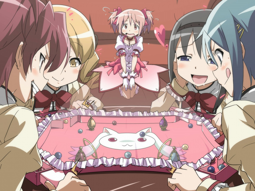 akemi_homura bad_id bad_pixiv_id battle_dome black_hair blonde_hair blue_hair blush drill_hair drooling error everyone food kaname_madoka kiryu_manzoku kyubey long_hair magical_girl mahou_shoujo_madoka_magica marble miki_sayaka minigirl multiple_girls pink_eyes pink_hair playing_games pocky purple_eyes red_hair sakura_kyouko school_uniform short_hair soul_gem tomoe_mami tongue tongue_out twin_drills twintails yellow_eyes