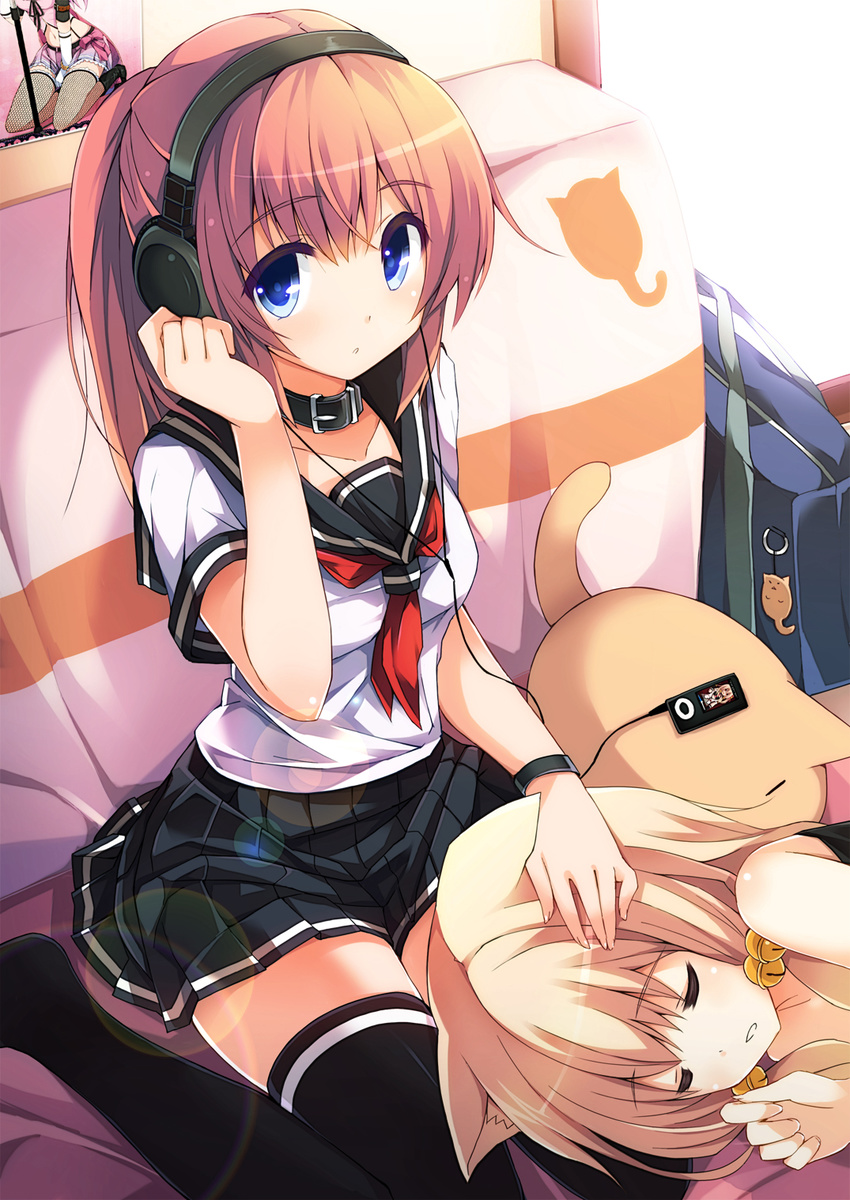 :o animal_ears bag bangs bell black_legwear black_skirt blonde_hair blue_eyes blush brown_hair cat_ears chiri_(atlanta) chiriko_(atlanta) closed_eyes collar digital_media_player eyebrows_visible_through_hair hair_bell hair_ornament hand_on_another's_head headphones highres indoors jingle_bell keychain lap_pillow lens_flare lying multiple_girls neckerchief nekojirou no_shoes on_side original parted_lips pleated_skirt ponytail poster_(object) revision school_bag school_uniform serafuku short_hair short_sleeves sitting skirt sleeping ten'inkou_korin thighhighs wariza wristband zettai_ryouiki