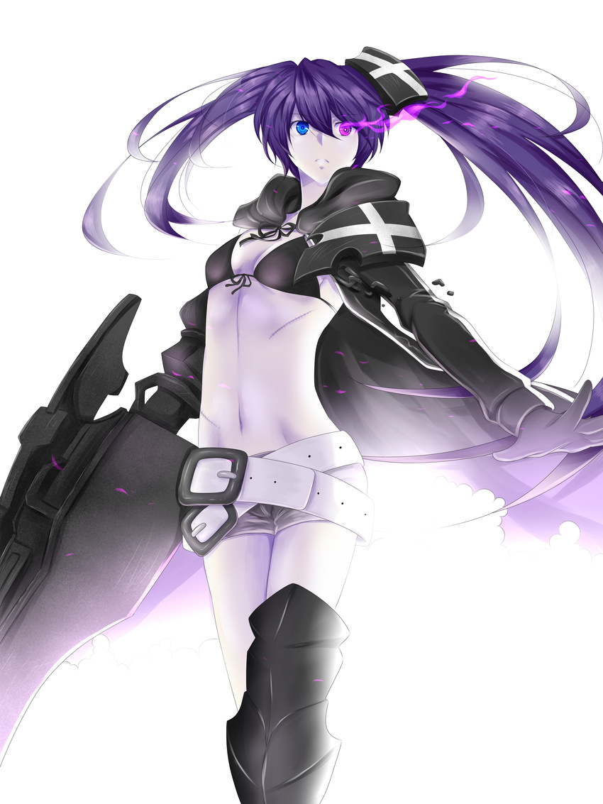 absurdres bad_id bad_pixiv_id belt bikini_top black_hair black_rock_shooter blue_eyes burning_eye citrus_tsukiko gauntlets heterochromia highres huge_weapon insane_black_rock_shooter long_hair midriff navel purple_eyes solo twintails weapon