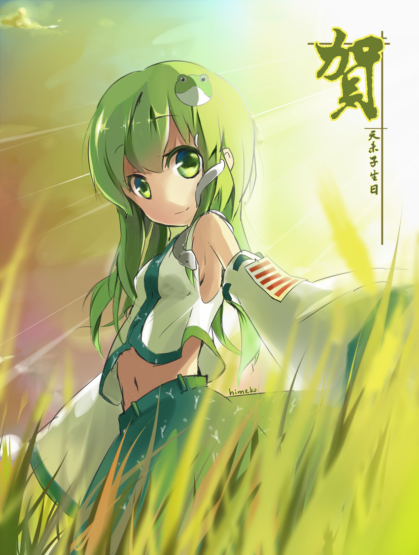 bad_id bad_pixiv_id detached_sleeves frog_hair_ornament from_below green_eyes green_hair hair_ornament highres kochiya_sanae long_hair looking_at_viewer no_nose smile solo sunyukun touhou