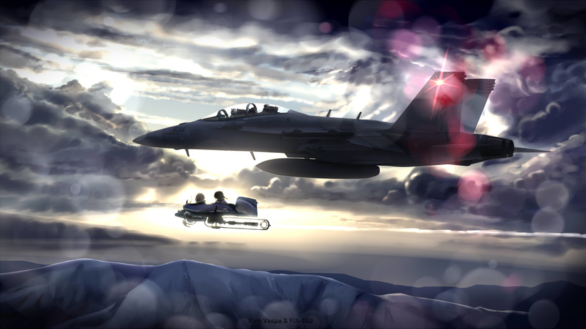 aircraft airplane cloud commentary_request f-18_hornet fam_fan_fan fighter_jet flying giselle_collette_vingt highres inubashiri_momiji jet last_exile last_exile:_gin'yoku_no_fam lens_flare military military_vehicle mountain multiple_girls pilot sky touhou tsubasa_(abchipika) vanship
