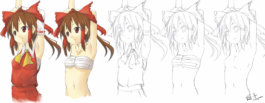 armpits arms_up bad_id bad_pixiv_id bow breasts brown_hair colorized detached_sleeves hair_bow hair_tubes hakurei_reimu highres navel nude partially_colored progression red_eyes sarashi sketch small_breasts smile sunyukun touhou underwear underwear_only