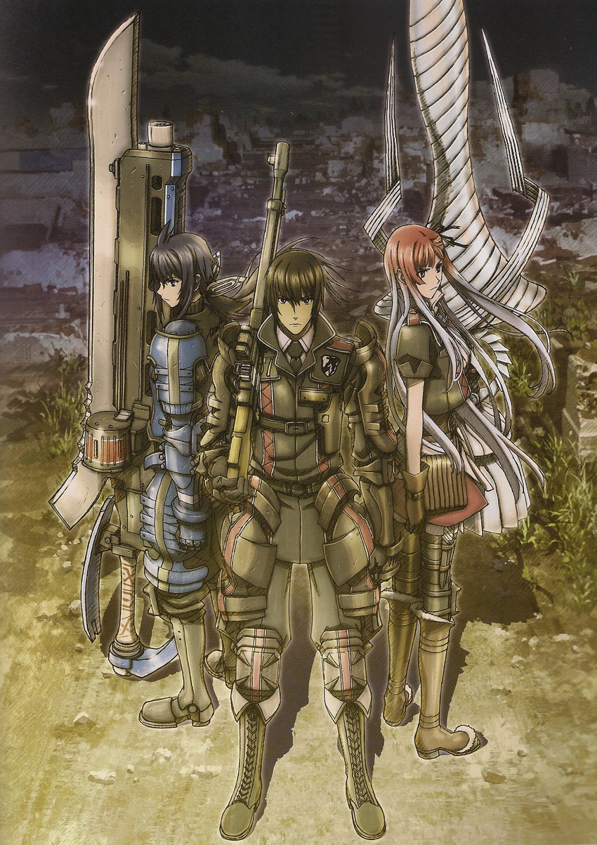 2girls ahoge armor back-to-back black_hair boots cross-laced_footwear faulds gun gunblade highres huge_weapon imca knee_pads kurt_irving lace-up_boots lance long_hair military military_uniform moire multicolored_hair multiple_girls official_art pauldrons polearm red_hair riela_marcellis rifle senjou_no_valkyria senjou_no_valkyria_3 side_ponytail two-tone_hair uniform var_(weapon) weapon white_hair