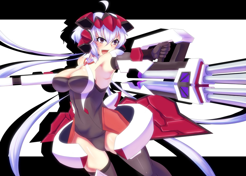 1girl ahoge armpits bare_shoulders blush bodysuit breasts cleavage clothed_navel dual_wielding female gatling_gun gloves grin gun highres large_breasts open_mouth purple_eyes senki_zesshou_symphogear silver_hair smile solo teeth thighhighs twintails very_long_hair weapon yamaneko_ken yukine_chris