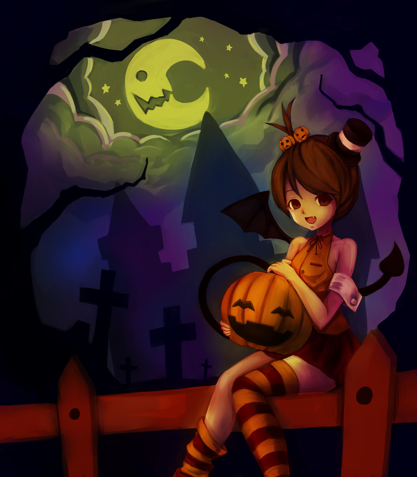 absurdres bad_id bad_pixiv_id brown_hair cloud crescent_moon cross demon_girl demon_tail demon_wings fang halloween hat highres jack-o'-lantern loose_thighhigh moon original single_wing sitting skirt solo striped striped_legwear tail thighhighs tombstone top_hat tree weien wings