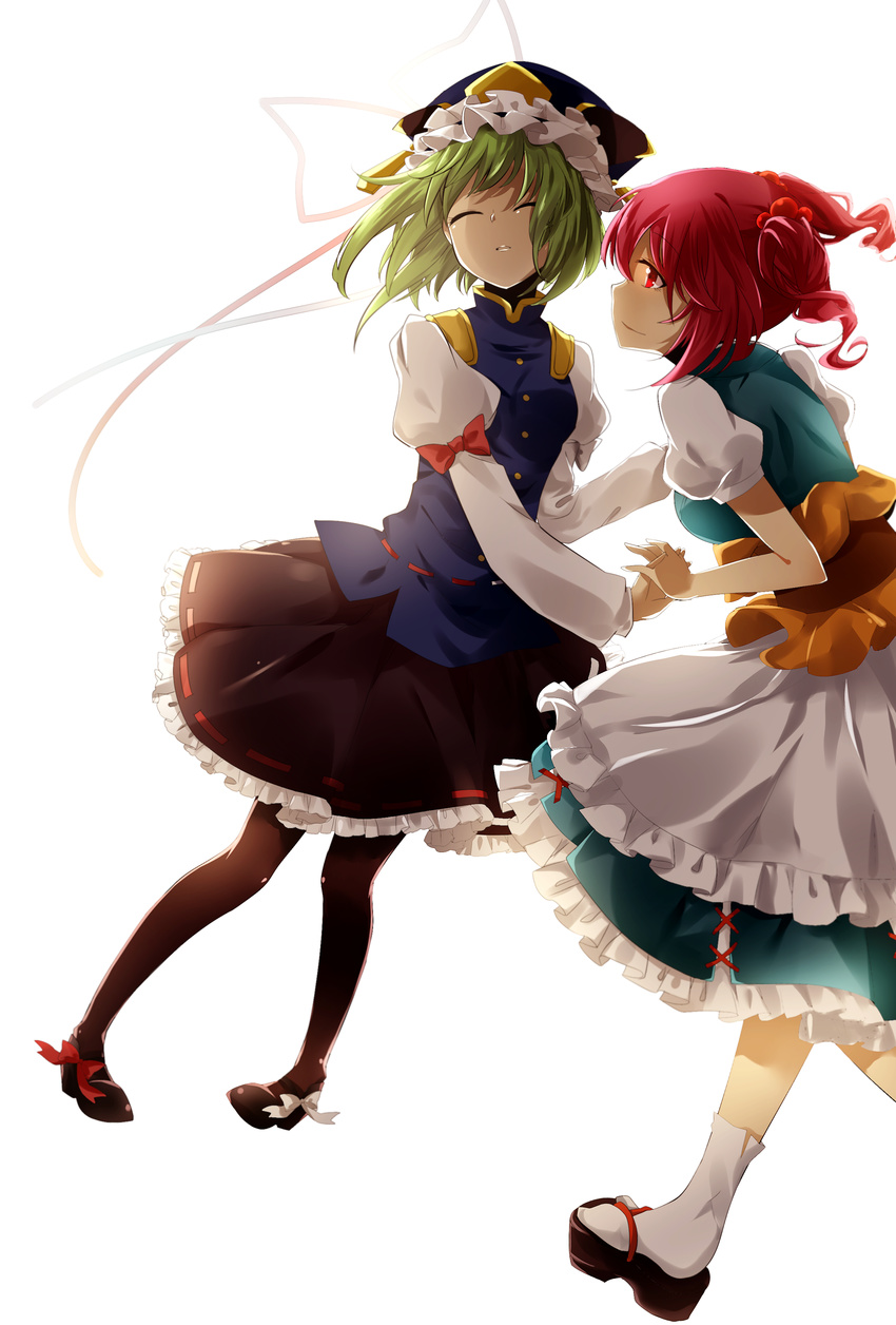 absurdres anthiea bad_id bad_pixiv_id black_legwear bow closed_eyes green_hair hair_bobbles hair_ornament hat highres holding_hands multiple_girls onozuka_komachi pantyhose red_eyes red_hair ribbon shiki_eiki short_hair skirt tabi touhou two_side_up white_background