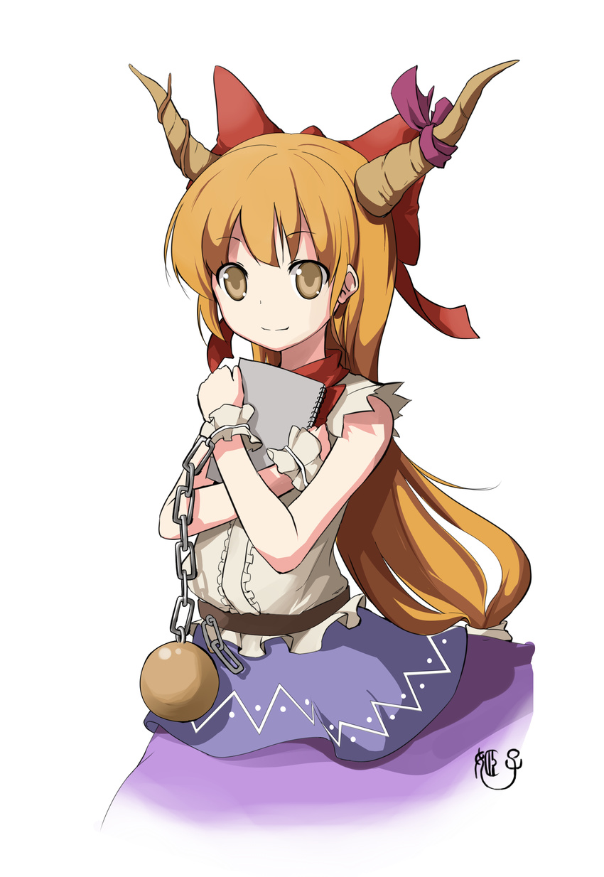 absurdres bad_id bad_pixiv_id bare_shoulders belt book bow brown_eyes chain hair_bow highres horn_bow horn_ribbon horns ibuki_suika long_hair orange_hair ribbon sleeveless smile solo sunyukun touhou wrist_cuffs