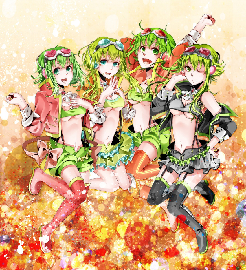 boots breasts costume_chart goggles goggles_on_head green_eyes green_hair gumi headphones highres jacket looking_at_viewer medium_breasts megpoid_(vocaloid3) midriff multiple_girls multiple_persona navel nou one_eye_closed open_mouth short_hair shorts skirt small_breasts smile thigh_boots thighhighs underboob vocaloid