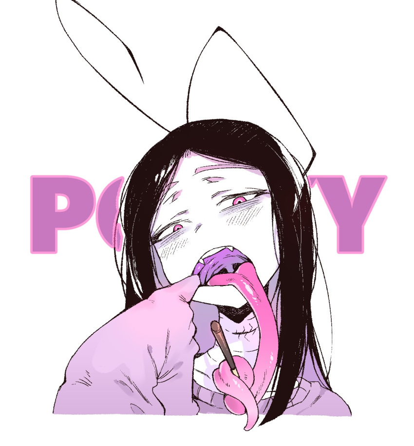1girl bags_under_eyes black_hair female finger_in_mouth food karasu_raven long_tongue mouth_pull open_mouth original pale_skin pink_eyes pocky sleeves_past_wrists solo teeth tongue uvula very_long_tongue white_skin