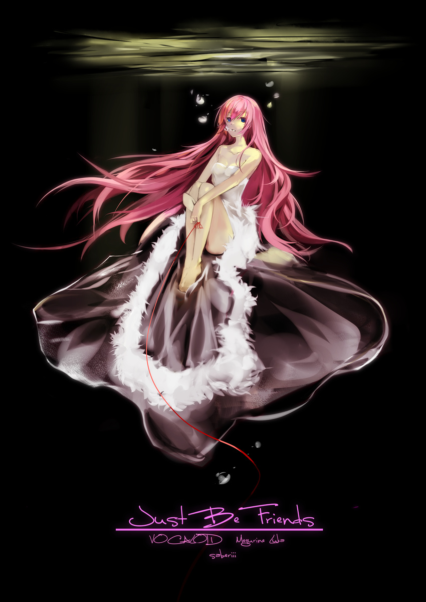 absurdres air_bubble blue_eyes breath bubble bubble_blowing dress feet full_body highres just_be_friends_(vocaloid) long_hair makeup megurine_luka open_mouth pink_hair red_ribbon ribbon saberiii signature solo standing underwater very_long_hair vocaloid wavy_hair white_dress