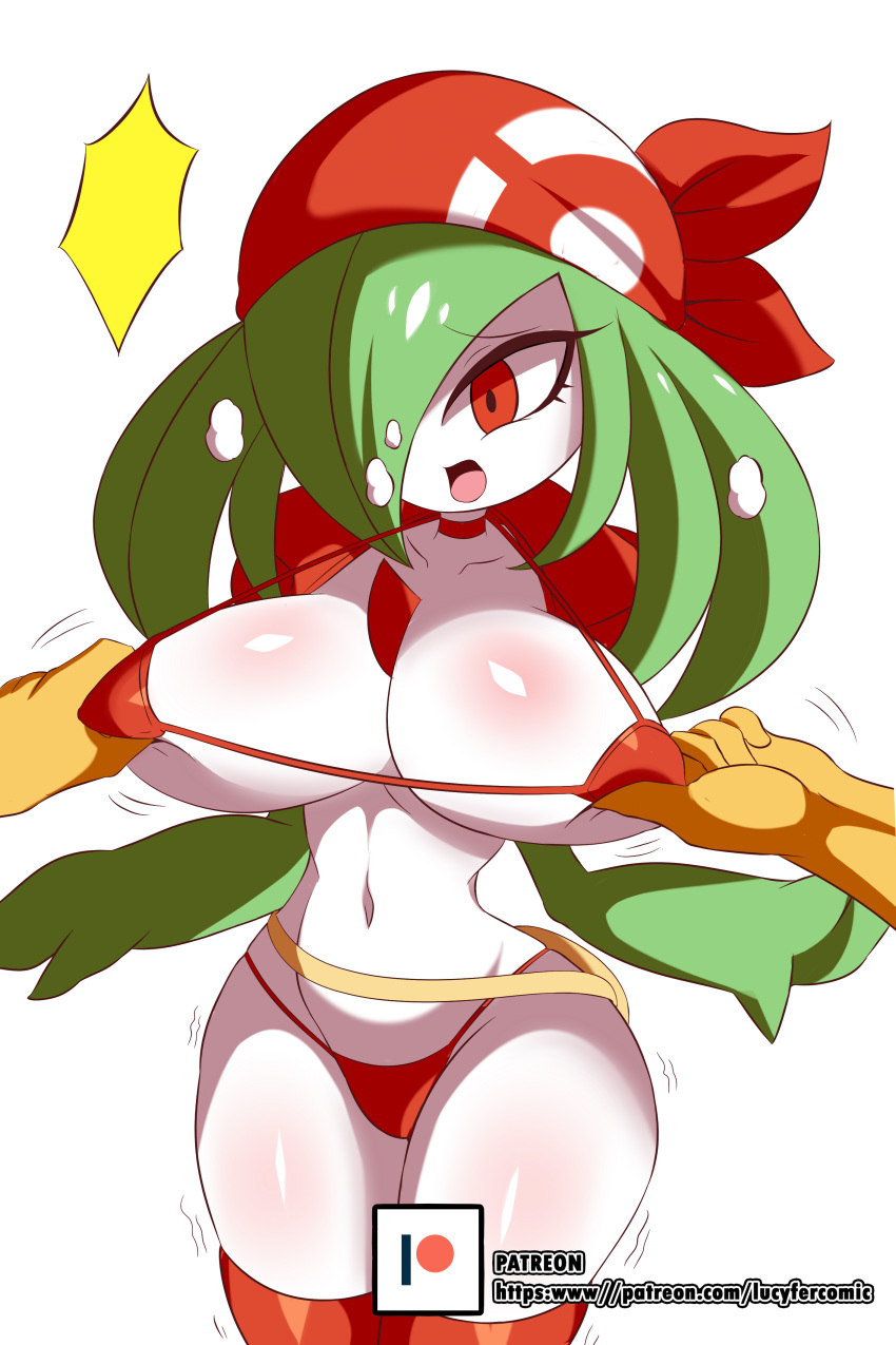 1girl absurdres alternate_hairstyle artist_name bandanna bikini breast_grab breasts breath choker clothed_pokemon collarbone cosplay cowboy_shot creatures_(company) disembodied_limb eyebrows_visible_through_hair fanny_pack female game_freak gardevoir gen_3_pokemon grabbing green_hair green_skin hair_over_one_eye haruka_(pokemon) haruka_(pokemon)_(cosplay) highres large_breasts legs_together navel nintendo nipple_tweak no_humans open_mouth patreon_logo patreon_username poke_ball_symbol poke_ball_theme pokemon pokemon_(creature) pokemon_(game) pokemon_rse red_bikini red_choker red_eyes red_legwear shiny shiny_hair simple_background skindentation solo standing swimsuit thighhighs trembling two-tone_skin watermark web_address white_background white_skin wide_hips zanatemx