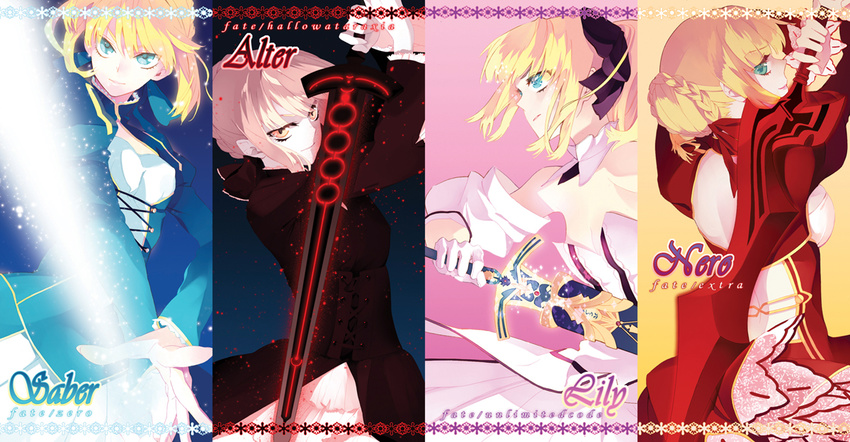 aestus_estus ahoge armor armored_dress artoria_pendragon_(all) avalon_(fate/stay_night) back back_cutout bad_id bad_pixiv_id bare_shoulders blonde_hair blue_eyes bow breasts caliburn character_name column_lineup copyright_name dark_excalibur detached_sleeves dress epaulettes excalibur fate/extra fate/hollow_ataraxia fate/stay_night fate/unlimited_codes fate_(series) from_behind gauntlets glowing glowing_weapon gothic_lolita hair_bow hair_ribbon invisible_air lolita_fashion looking_back medium_breasts multiple_girls multiple_persona nero_claudius_(fate) nero_claudius_(fate)_(all) ponytail puffy_sleeves ribbon rozer saber saber_alter saber_lily sheath sword unsheathing weapon yellow_eyes