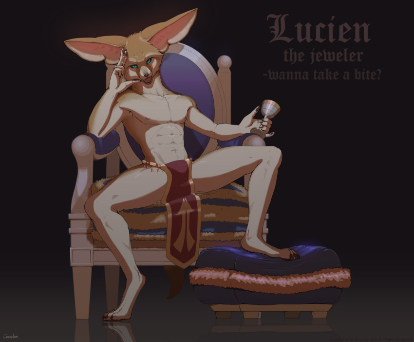 alcohol anicient barefoot beverage blue_eyes canid canine chair clothing detailed domination fennec footstool fox half_naked kzlion loincloth looking_at_viewer lure male mammal medieval seductive simple_background sitting smile teeth wine
