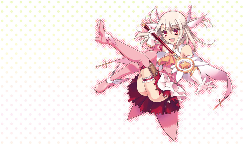 albino boots fate/kaleid_liner_prisma_illya fate_(series) feathers gloves hair_feathers hair_ornament hiroyama_hiroshi holding holding_wand illyasviel_von_einzbern kaleidostick long_hair magical_girl non-web_source official_art pink_footwear pink_legwear prisma_illya red_eyes silver_hair smile solo staff thigh_boots thighhighs wand white_background white_gloves white_hair