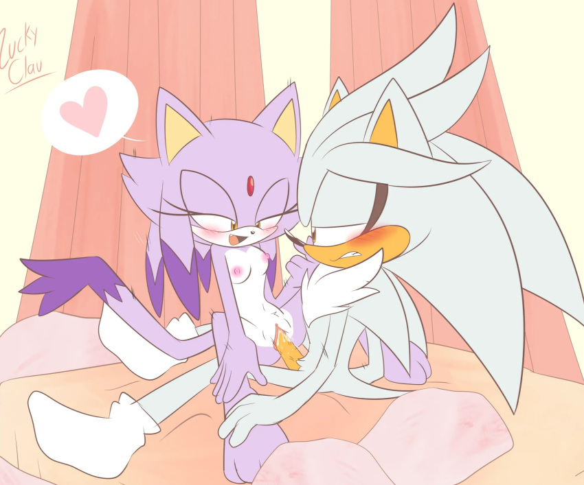 &lt;3 anthro bed blaze_the_cat blush bodily_fluids breasts digital_media_(artwork) duo felid feline female fur furniture genital_fluids genitals hi_res imacowolf male male/female mammal nipples nude on_bed open_mouth penetration penis purple_body purple_fur pussy sega sex silver_the_hedgehog smile sonic_the_hedgehog_(series) vaginal vaginal_penetration