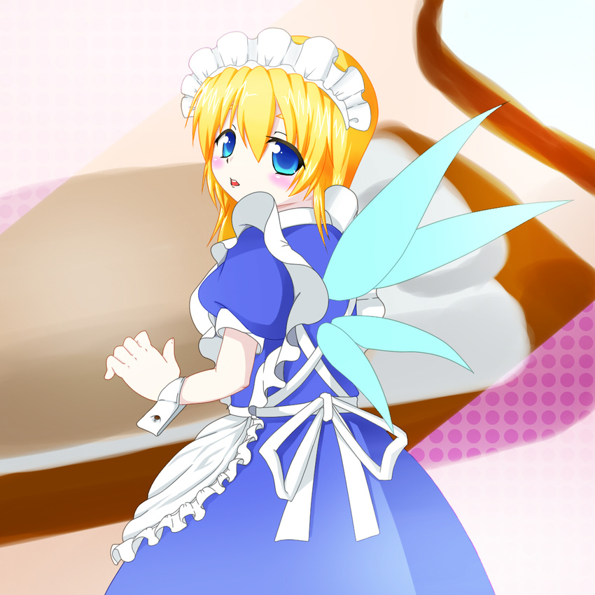 apron arm_up blonde_hair blue_dress blue_eyes blush_stickers dress extra fairy_maid fairy_wings from_behind highres long_hair looking_at_viewer looking_back maid maid_headdress mo-pa open_hand open_mouth puffy_sleeves short_sleeves solo teeth touhou wings wrist_cuffs